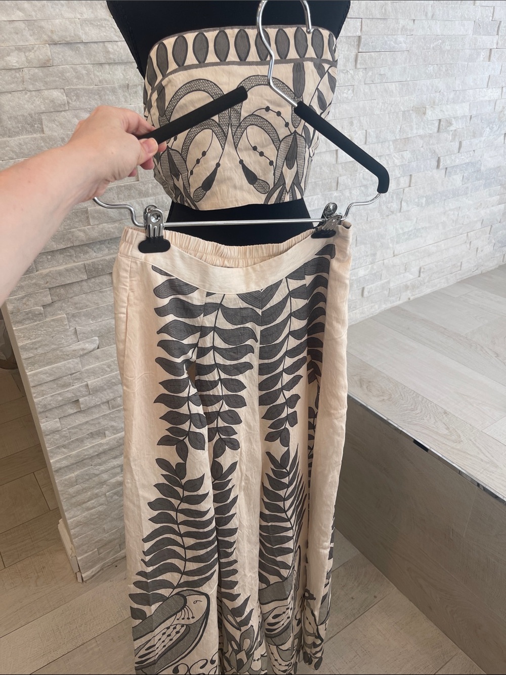 Two-Piece Beige and Black Leaf Print Set